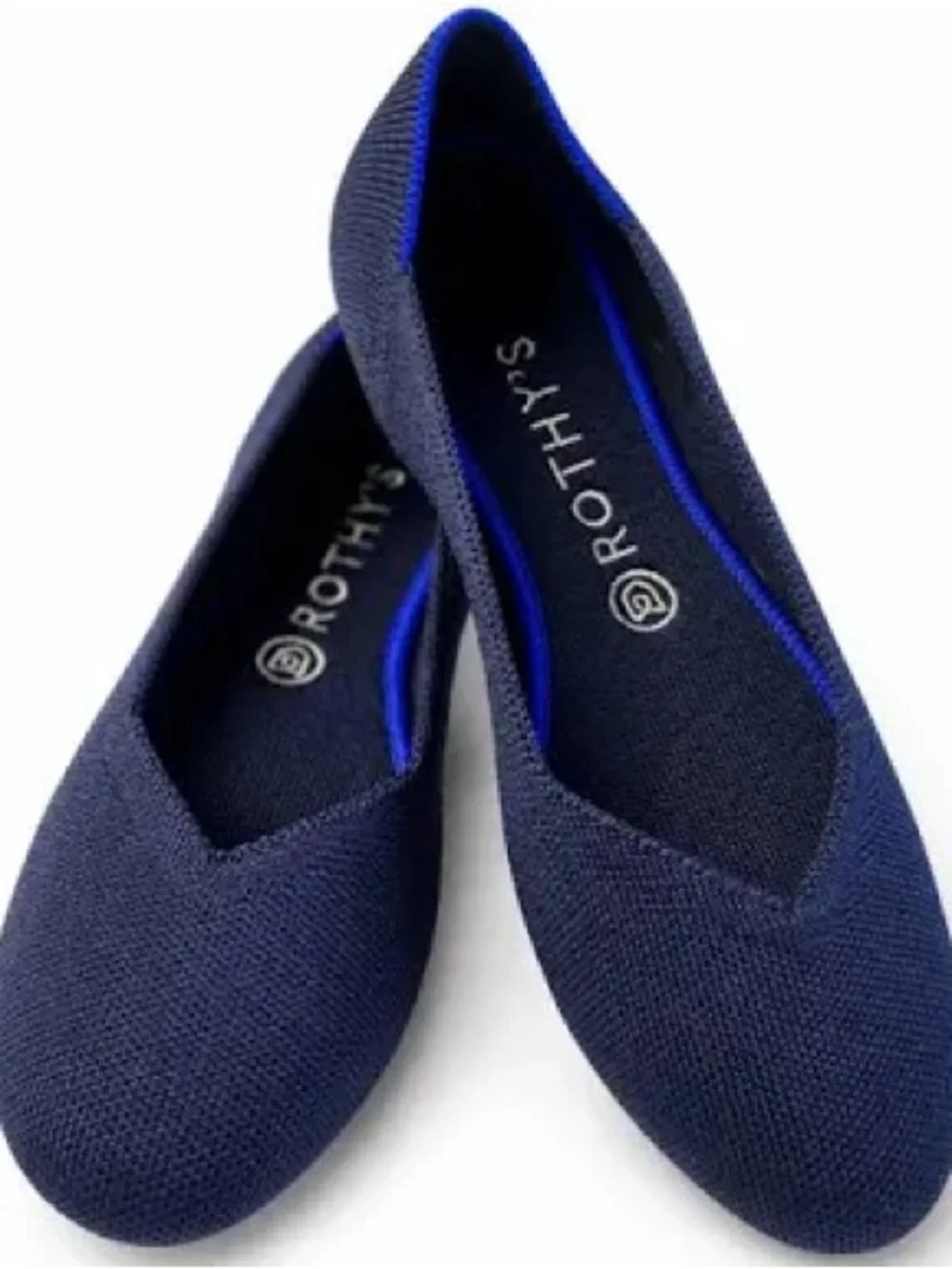 Rothy's Black Knit Pointed Flats with Blue Trim and Lime Insoles